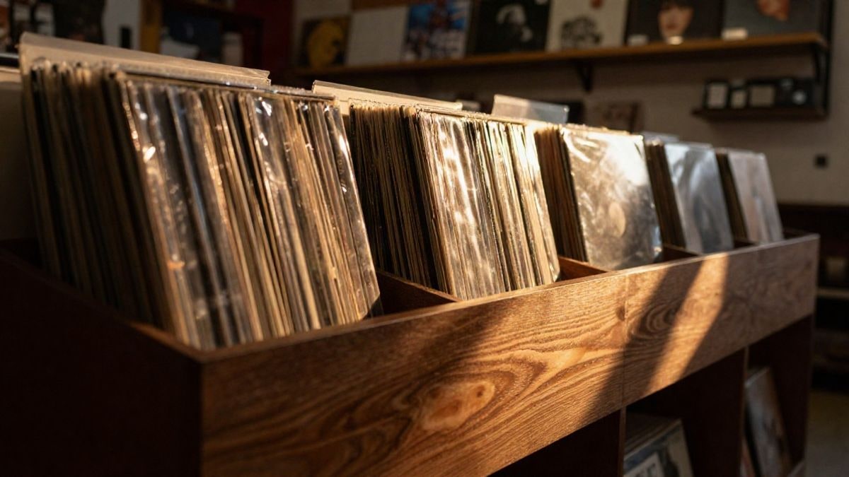 Imagen ilustrativa: una fila de discos de vinilo sobre una estantería de madera oscura, iluminada a contraluz al atardecer