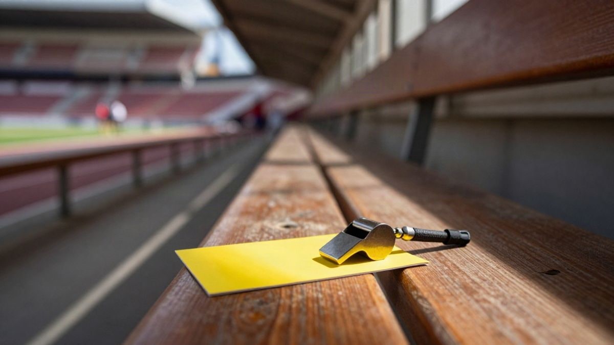 Imagen ilustrativa: una tarjeta amarilla y un silbato sobre un banco de madera en el túnel de un estadio vacío