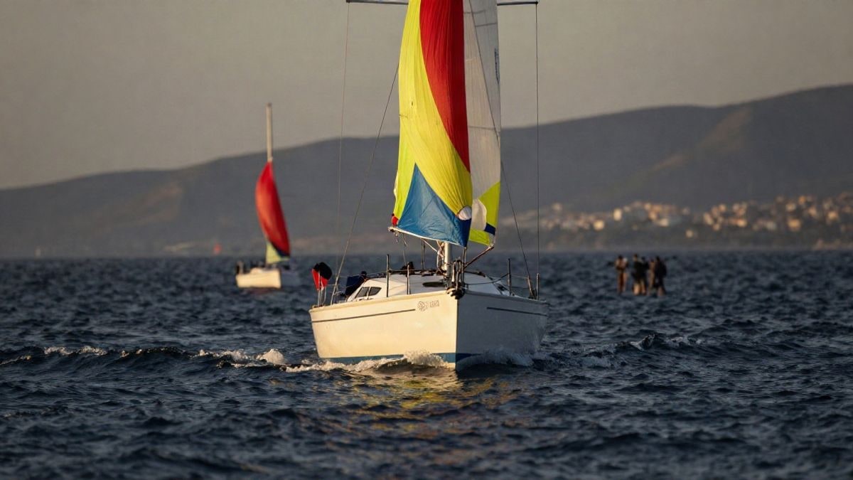 Imagen ilustrativa: un velero blanco con spinnaker navegando en el mar al atardecer, con la costa difuminada al fondo.
