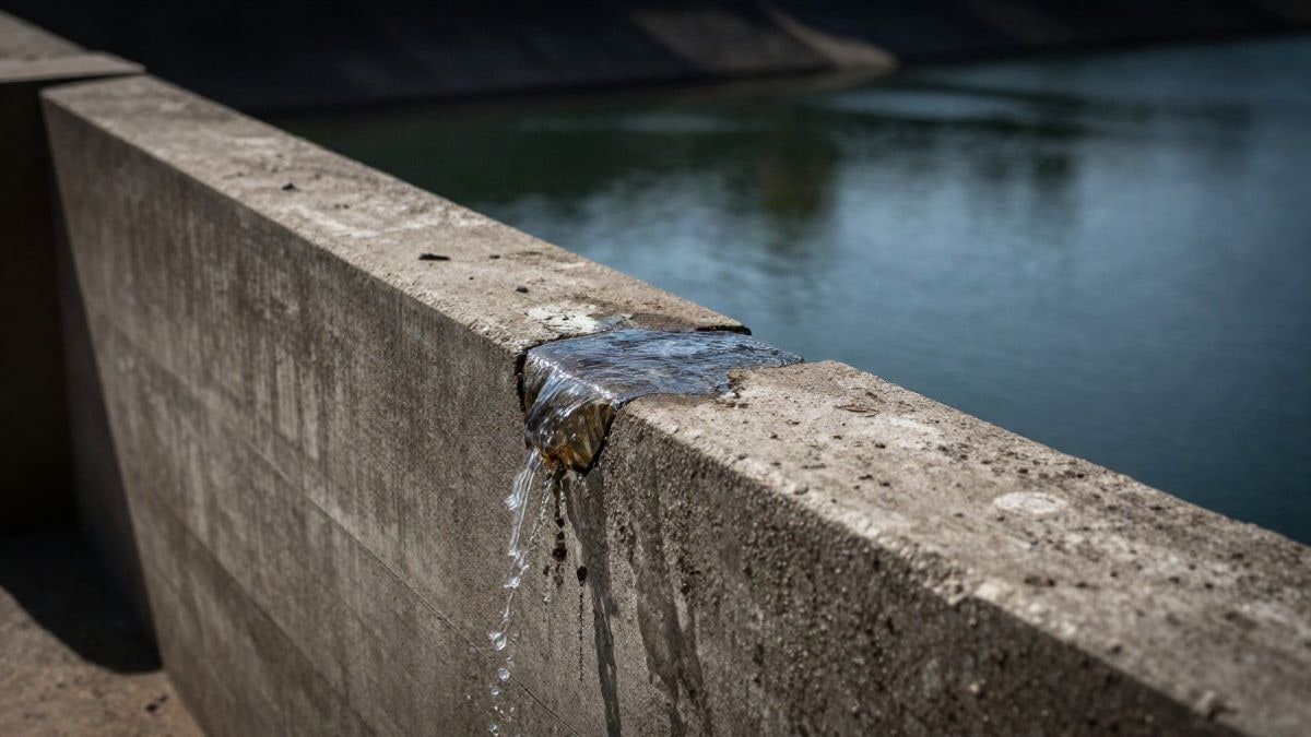 Imagen ilustrativa: detalle de hormigón envejecido con agua fluyendo en primer plano y un embalse desenfocado al atardecer