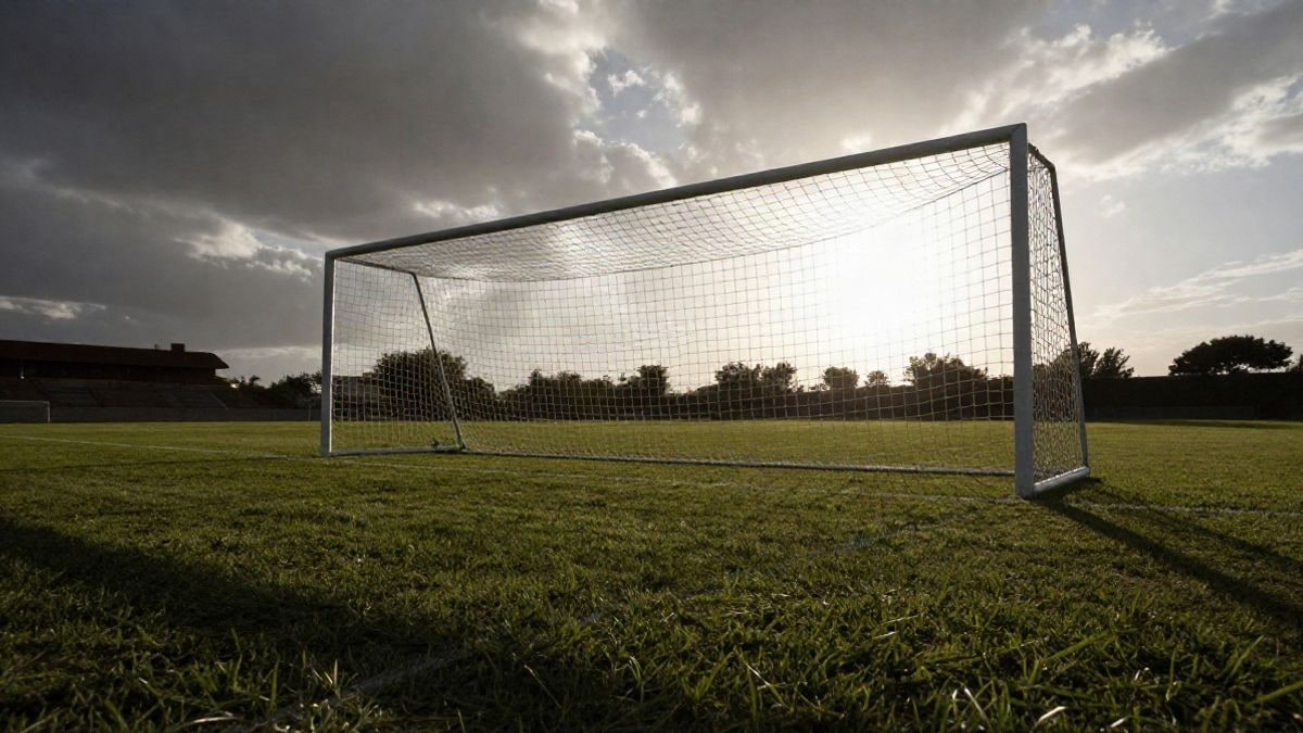 Imagen ilustrativa: ángulo bajo a ras de suelo de un campo de fútbol con la portería recortada contra el cielo