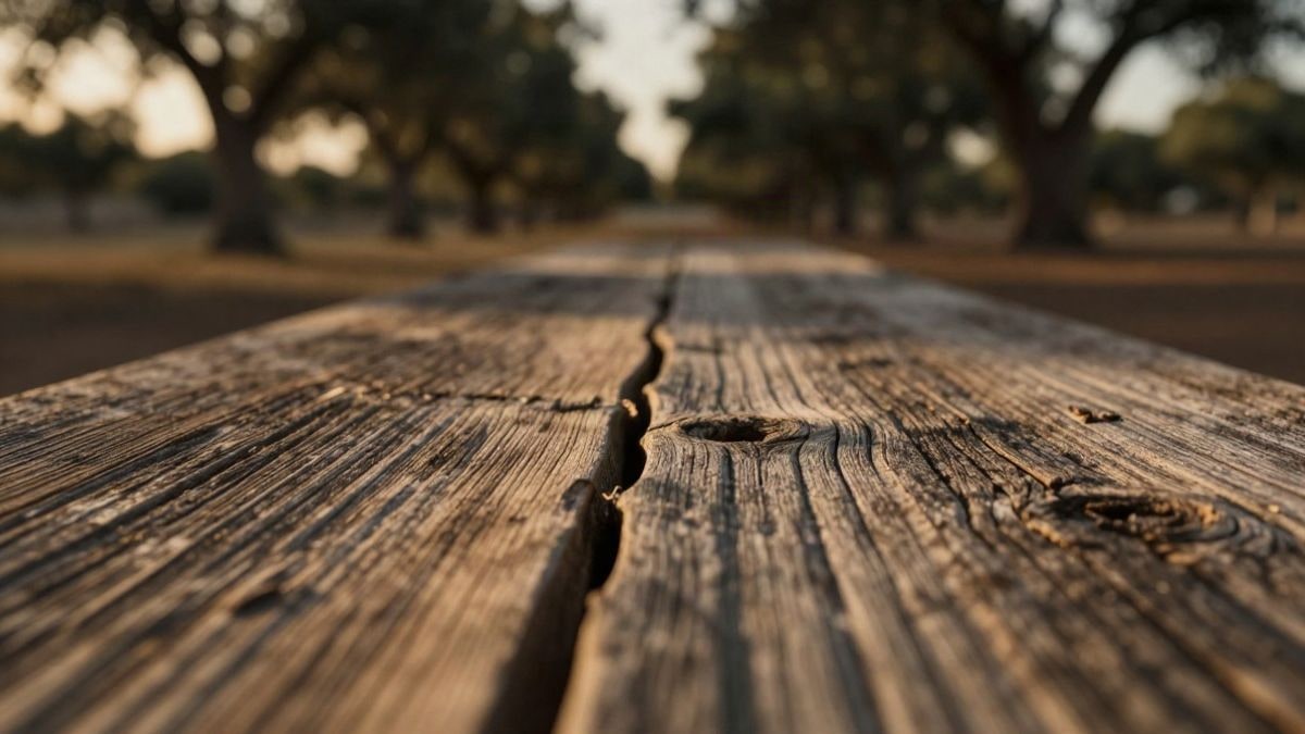 Imagen ilustrativa: detalle de madera envejecida con vetas visibles, con un fondo de encinar desenfocado al atardecer