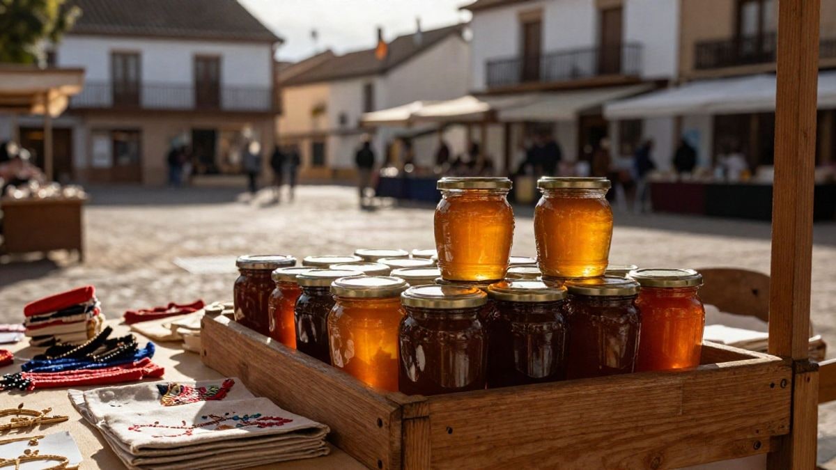 Imagen ilustrativa: puestos de madera con tarros de miel y artesanía en una plaza de pueblo al atardecer