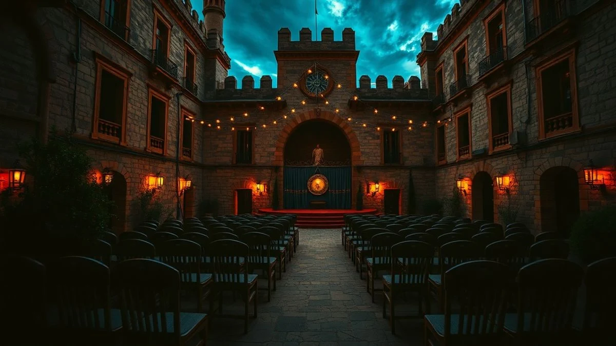 Castillo de Moguer iluminado al atardecer con sillas vacías y un escenario preparado para un concierto