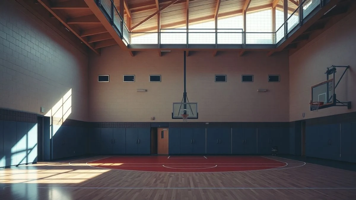 Cancha de baloncesto vacía iluminada por luz lateral de ventana
