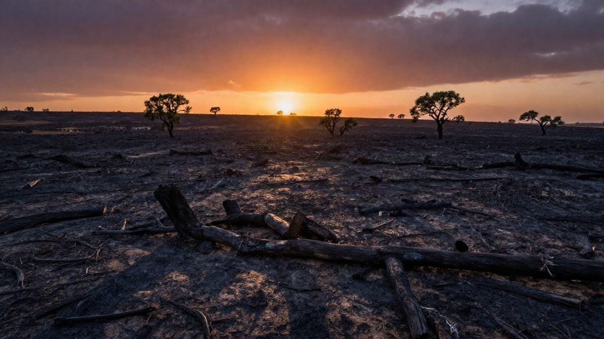 Imagen ilustrativa: paisaje quemado con troncos calcinados y algunas encinas verdes al fondo, al atardecer.