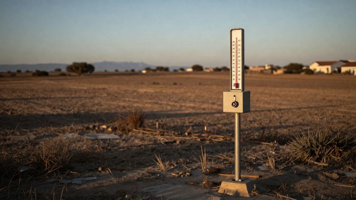 Imagen ilustrativa: estación meteorológica con termómetro y pluviómetro en un campo andaluz al amanecer