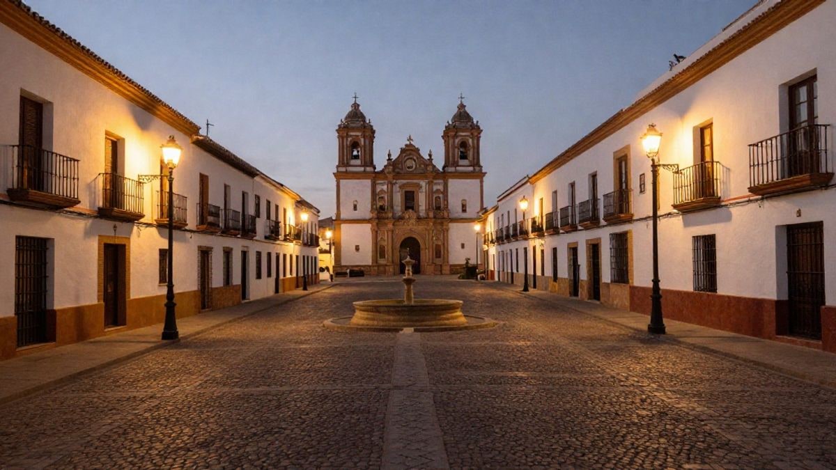 Imagen ilustrativa: plaza de un municipio español al atardecer con edificios históricos y luces cálidas