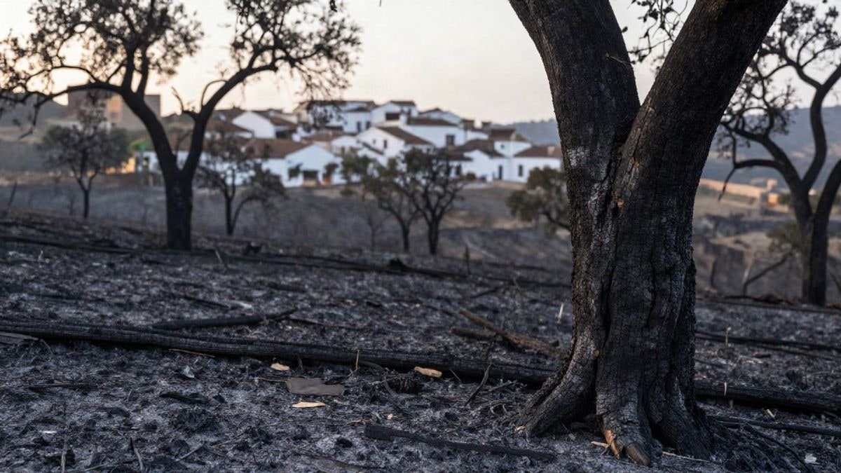 Imagen ilustrativa: troncos calcinados y ceniza en un paisaje rural tras un incendio forestal