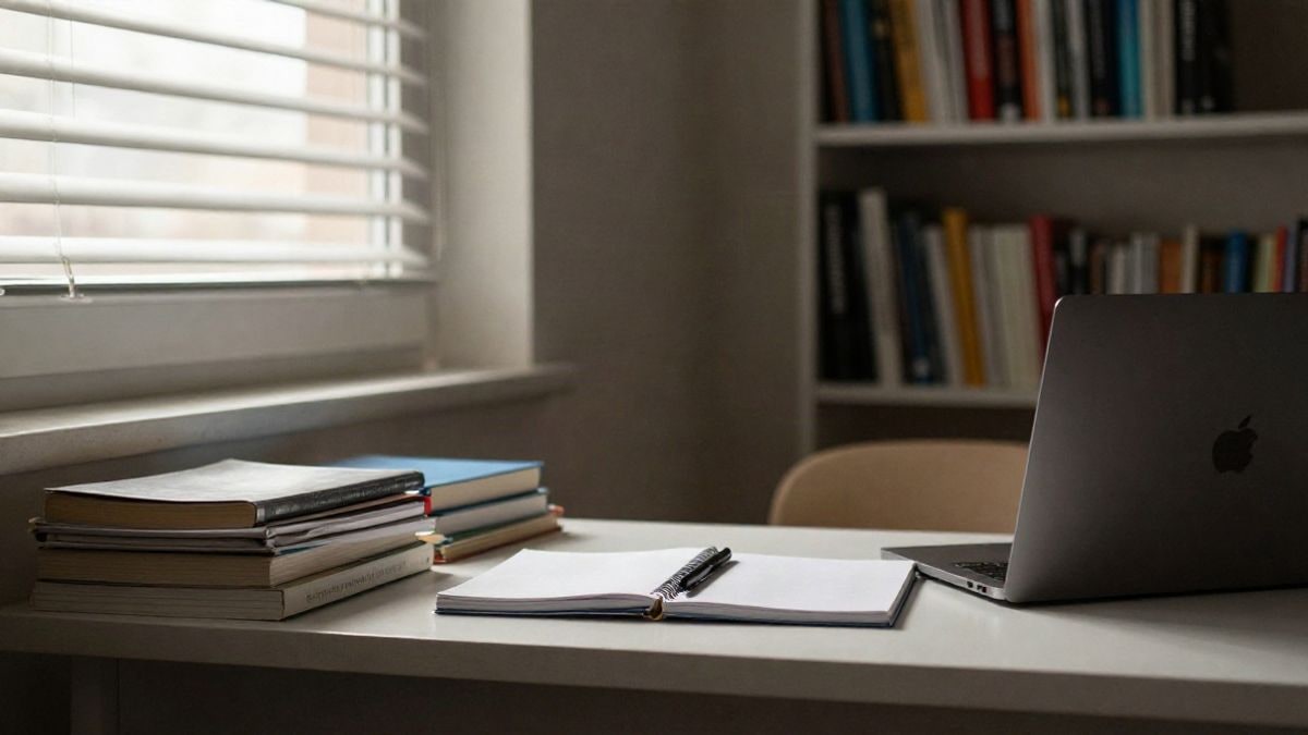 Imagen ilustrativa: escritorio de estudio con libros, cuaderno y ordenador junto a una ventana