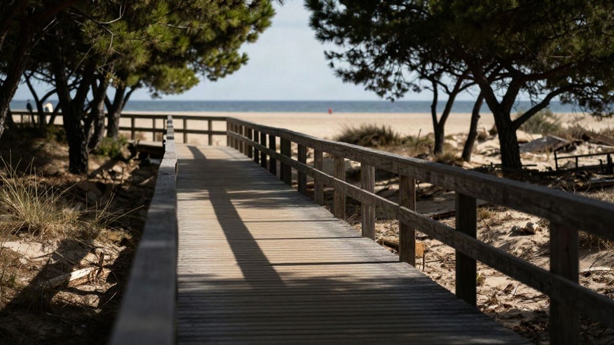 Imagen ilustrativa: pasarela de madera entre dunas y pinos hacia una playa amplia al atardecer