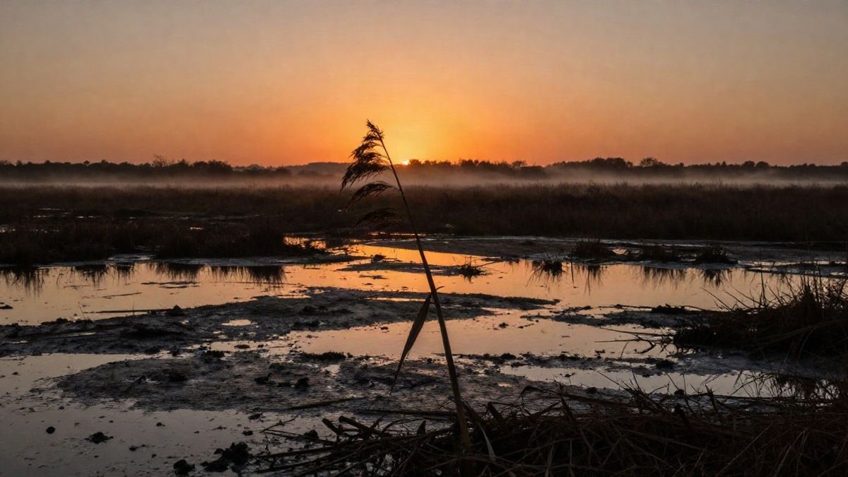 Imagen ilustrativa: marisma al atardecer con un junco en primer plano a contraluz y sombras largas sobre el agua