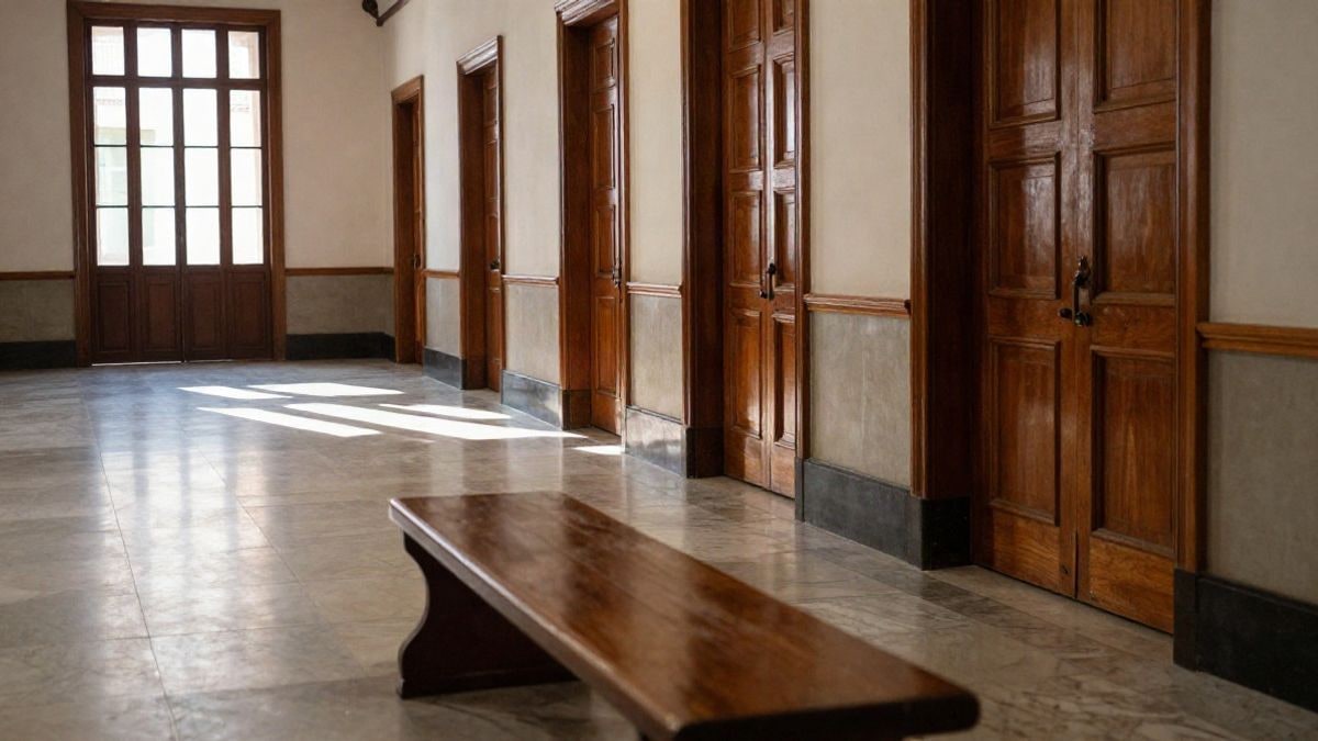 Imagen ilustrativa: pasillo vacío de un edificio judicial con puertas de madera y luz natural entrando por los ventanales