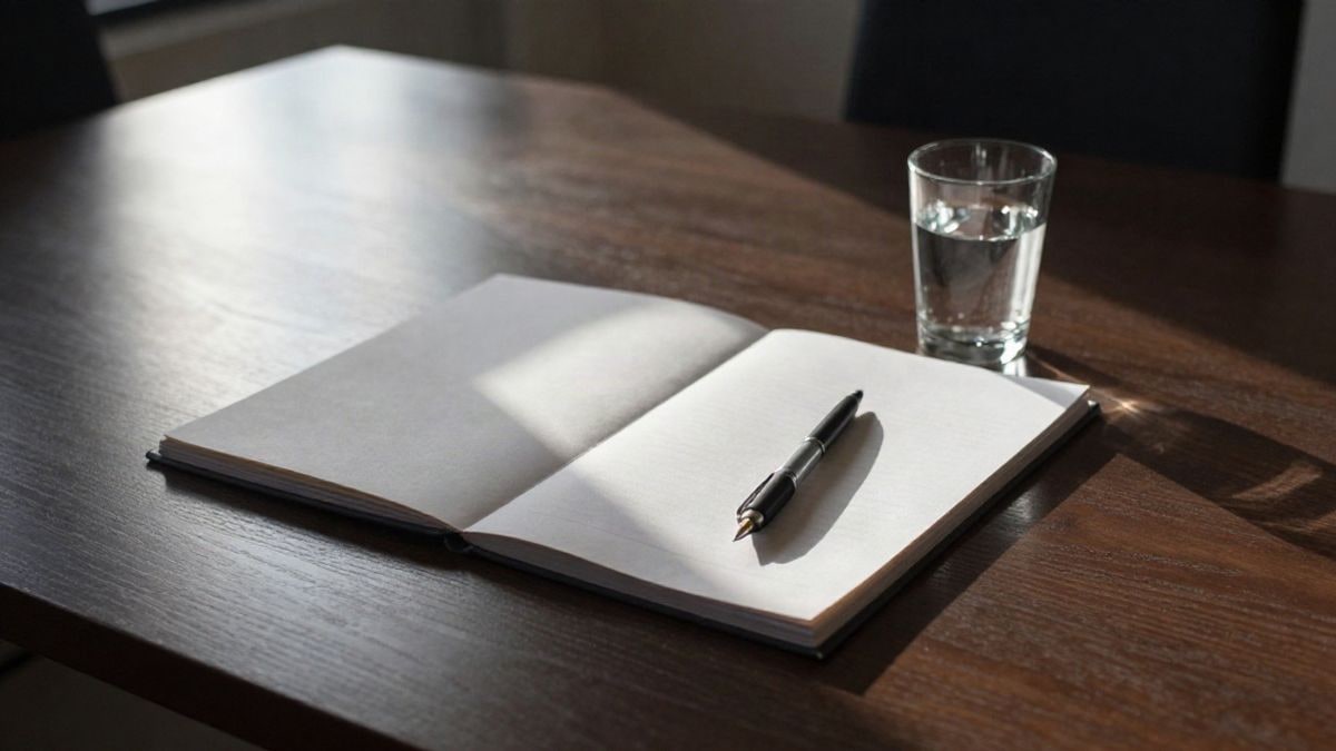 Imagen ilustrativa: mesa de madera vacía vista desde arriba, con una carpeta cerrada, una pluma y un vaso de agua bajo luz de mañana
