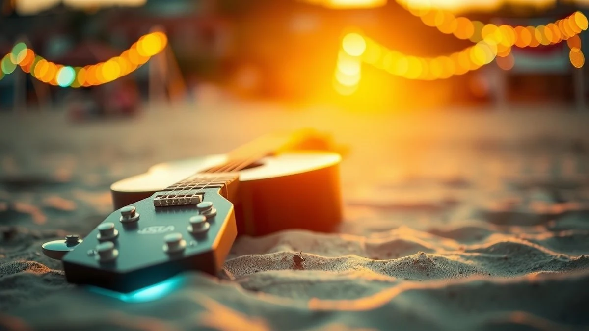 Guitarra acústica sobre la arena de una playa al atardecer, con luces de festival borrosas al fondo
