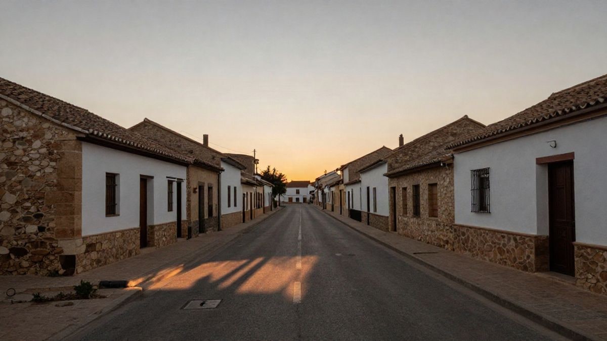 Imagen ilustrativa: calle de un pueblo rural del sur de España al atardecer, con casas encaladas y sombras alargadas