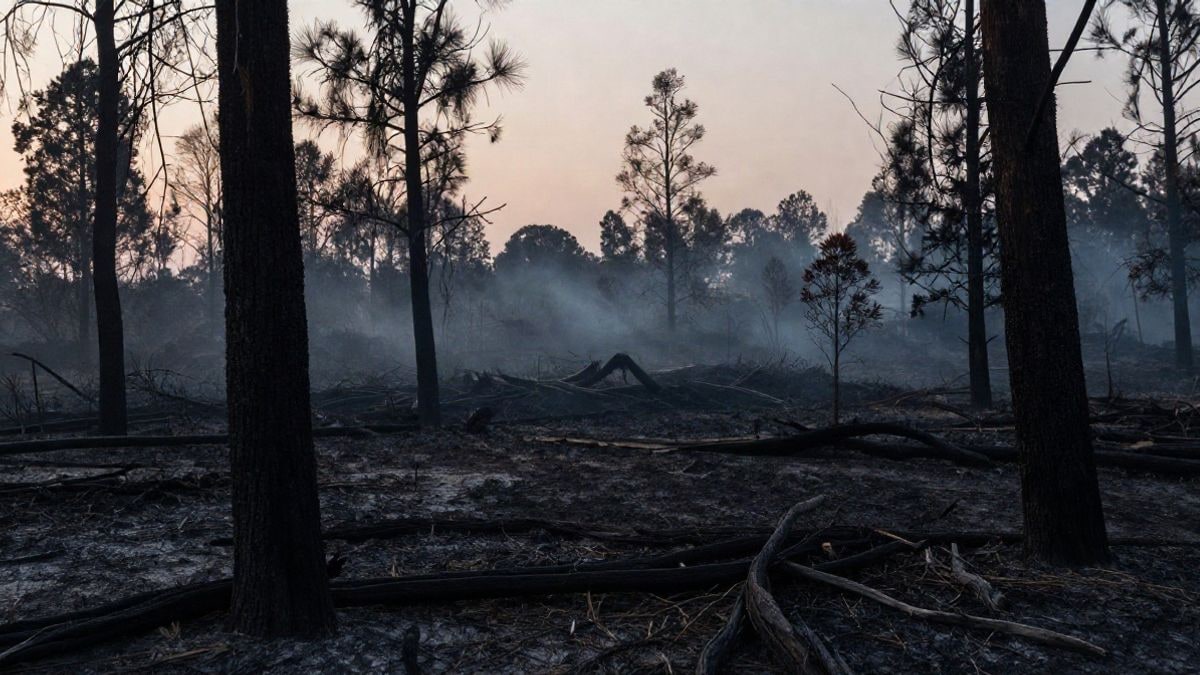 Imagen ilustrativa: un paisaje forestal calcinado al atardecer con un sujeto pequeño y descentrado