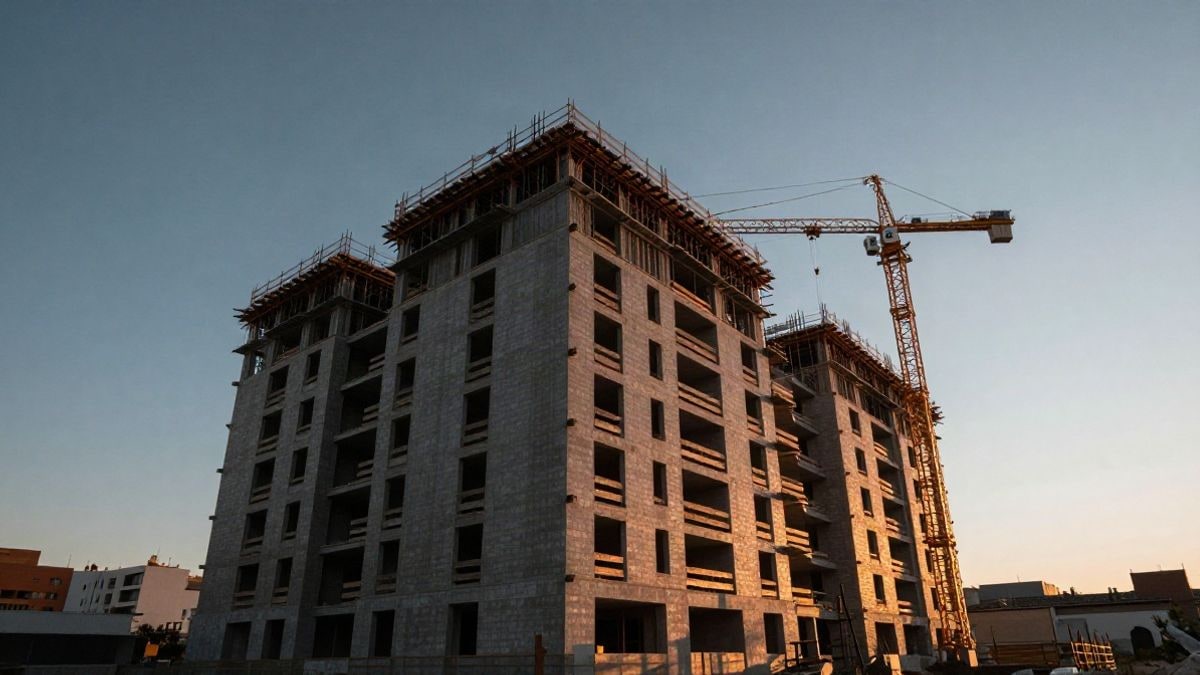 Imagen ilustrativa: siluetas de grúas y estructura de un edificio residencial en construcción al atardecer