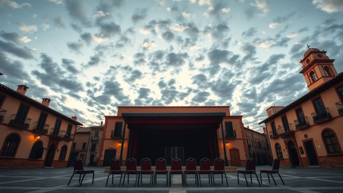Escenario vacío en el Paseo Redondo de Zalamea la Real al atardecer, con sillas y un cielo nublado.