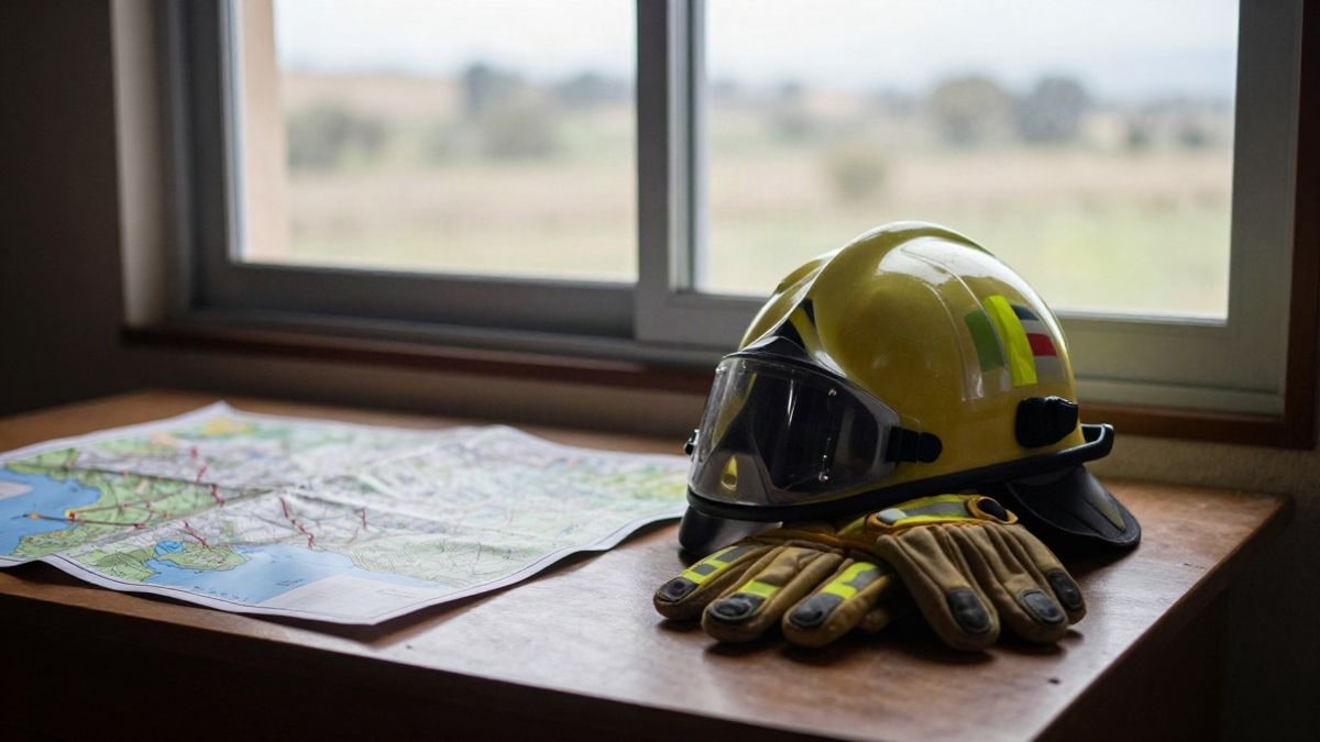 Imagen ilustrativa: casco y guantes de bombero sobre una mesa junto a un mapa, con luz lateral de ventana