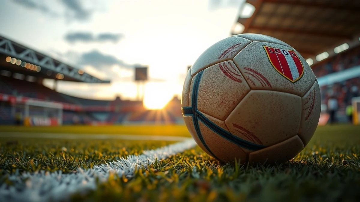 Imagen ilustrativa: primer plano de un balón de fútbol sobre el césped de un estadio al atardecer