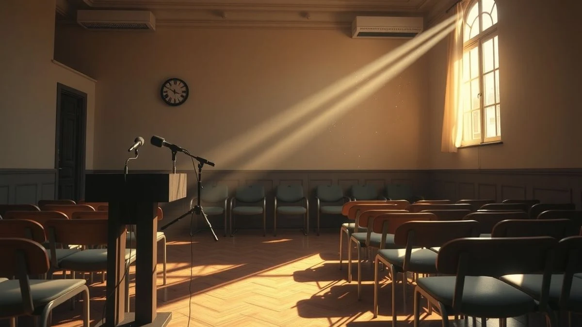 Interior de una sala de prensa vacía con un atril y micrófonos, luz de ventana lateral.