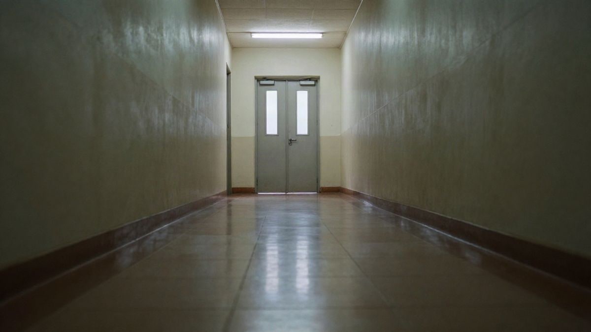 Imagen ilustrativa: pasillo institucional vacío con luz tenue y puerta cerrada al fondo