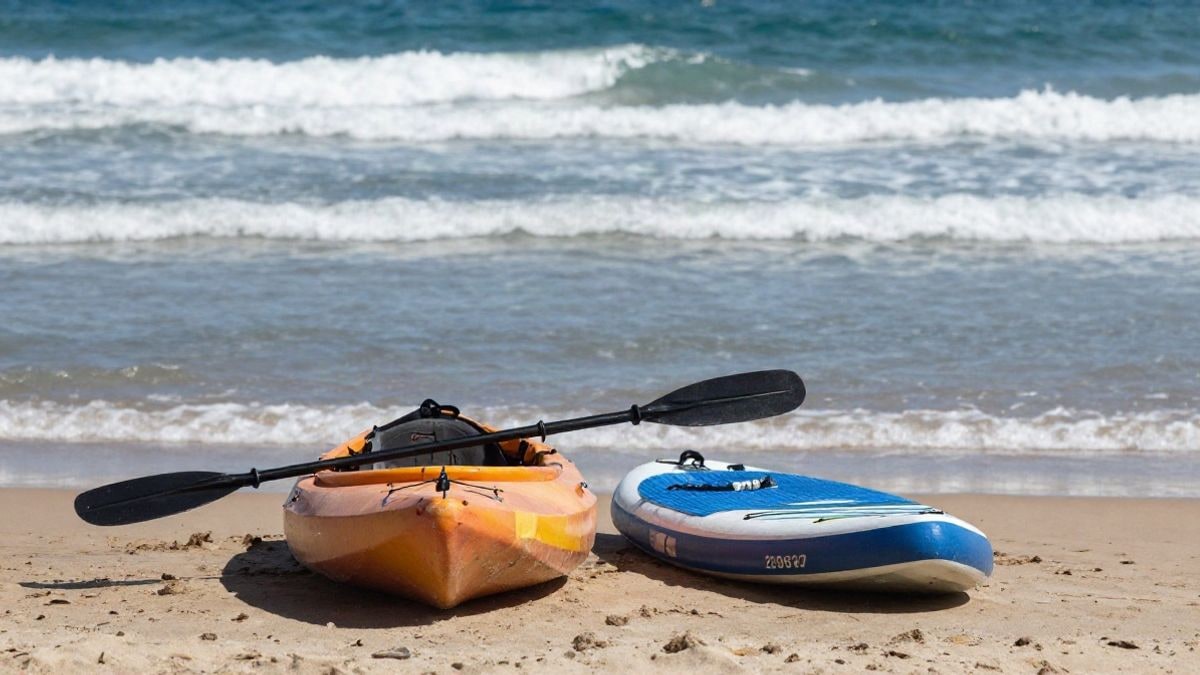 Imagen ilustrativa: un kayak y una tabla de paddle surf sobre la arena de una playa al mediodía