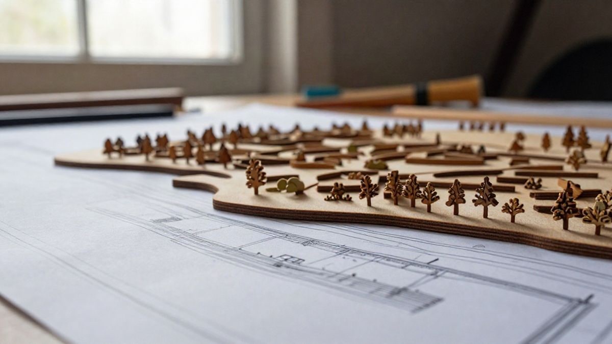 Imagen ilustrativa: primer plano de planos arquitectónicos y una maqueta de madera de un paisaje de marisma sobre una mesa de estudio