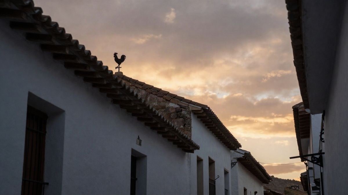 Imagen ilustrativa: veleta con forma de gallo en un tejado de un pueblo blanco al atardecer
