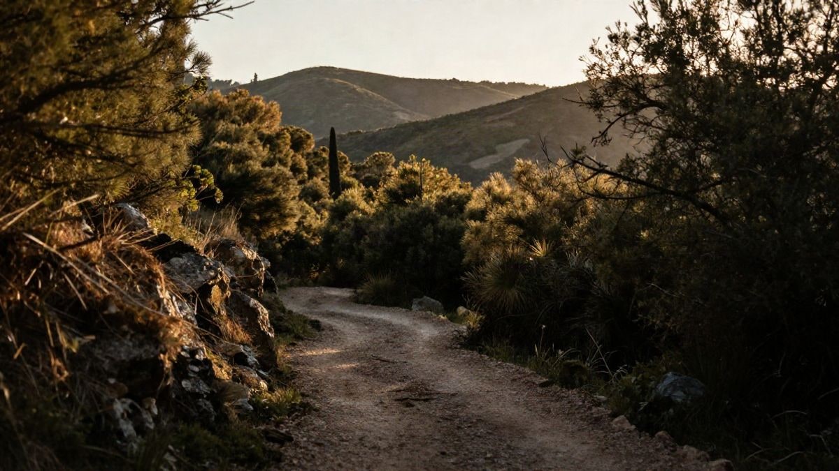 Imagen ilustrativa: sendero de montaña entre bosque mediterráneo al atardecer