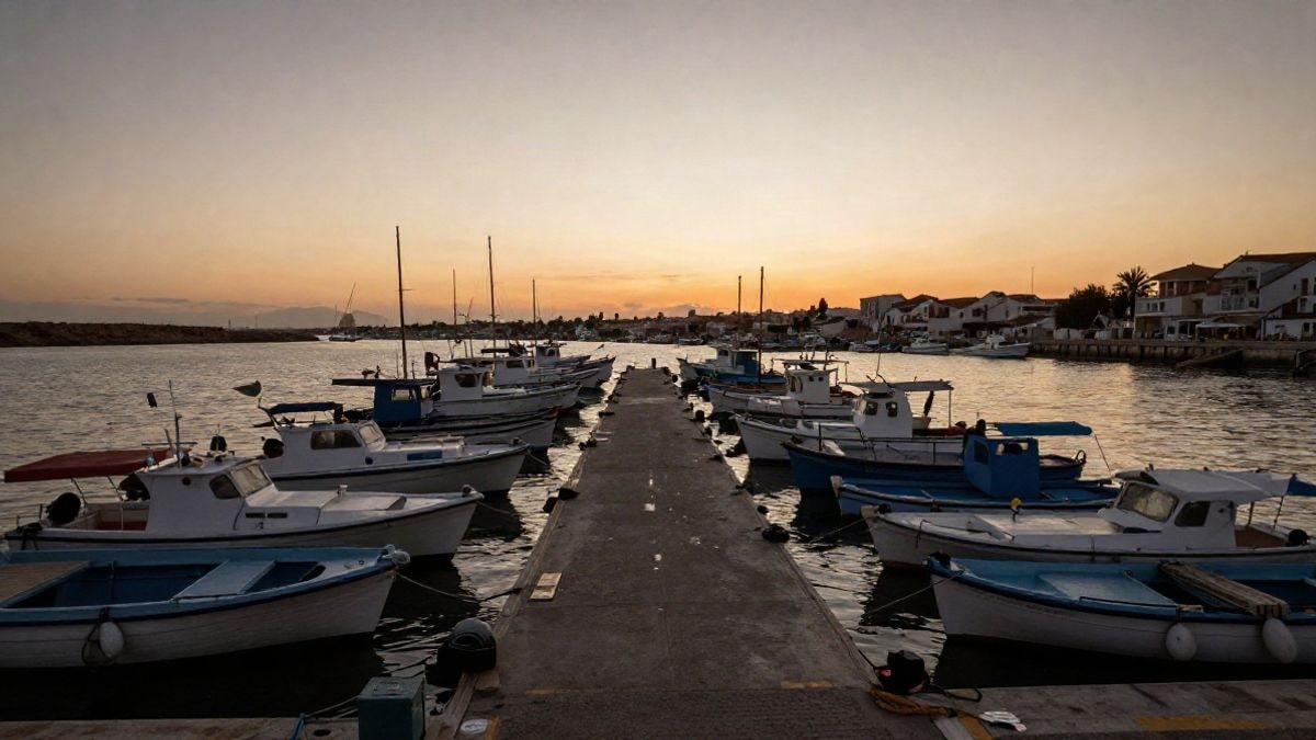 Imagen ilustrativa: puerto pesquero al atardecer con embarcaciones amarradas y líneas que convergen hacia el horizonte