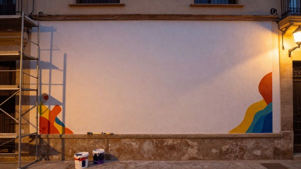 Imagen ilustrativa: fachada de un edificio antiguo con andamios y un mural en proceso, iluminada por farolas al anochecer.