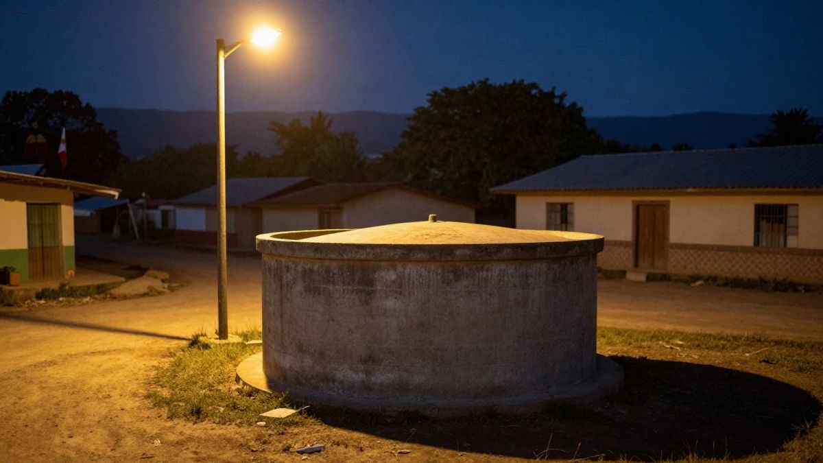Imagen ilustrativa: depósito de agua de hormigón en una aldea rural iluminado por una farola durante la noche