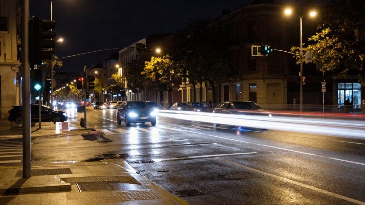 Imagen ilustrativa: intersección urbana nocturna con luces de tráfico y farolas