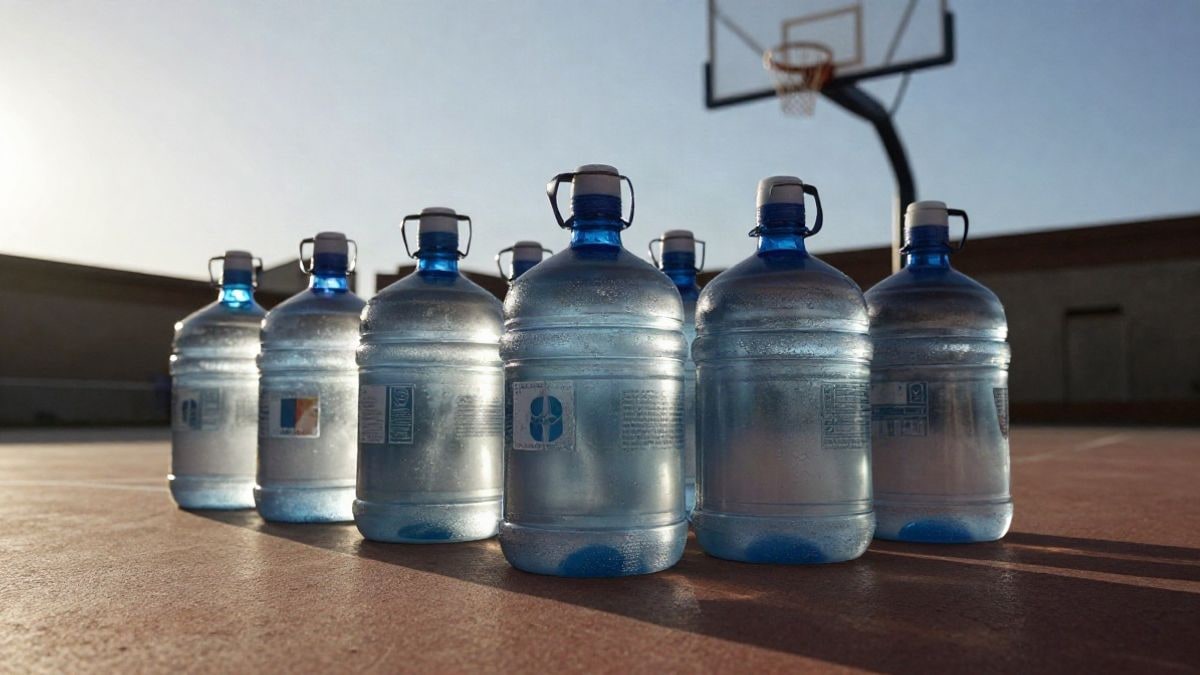 Imagen ilustrativa: garrafas de agua retornables alineadas en una cancha deportiva al atardecer