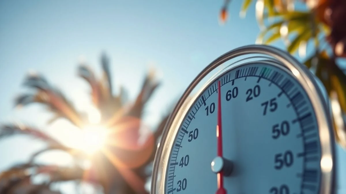 Termómetro marcando 35 grados a la sombra con cielo azul y palmera al fondo