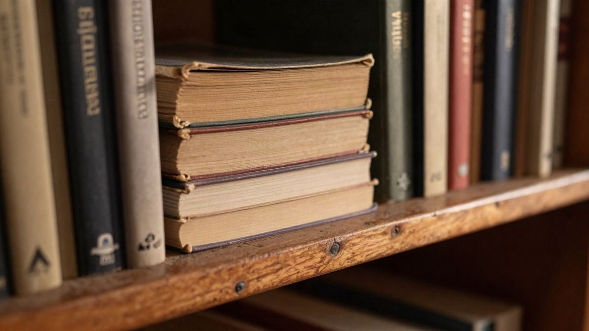 Imagen ilustrativa: detalle de libros antiguos apilados sobre una estantería de madera iluminada por luz lateral