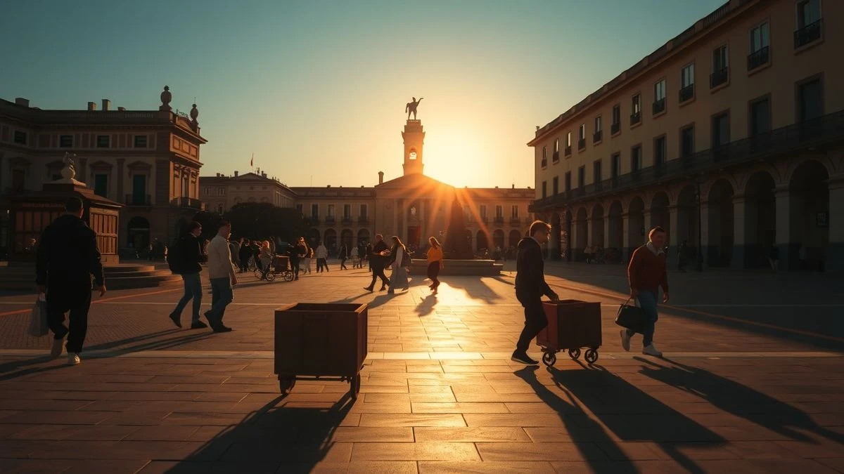 Atardecer en la fachada de la Hermandad de la Esperanza en Huelva con cajas de ayuda humanitaria