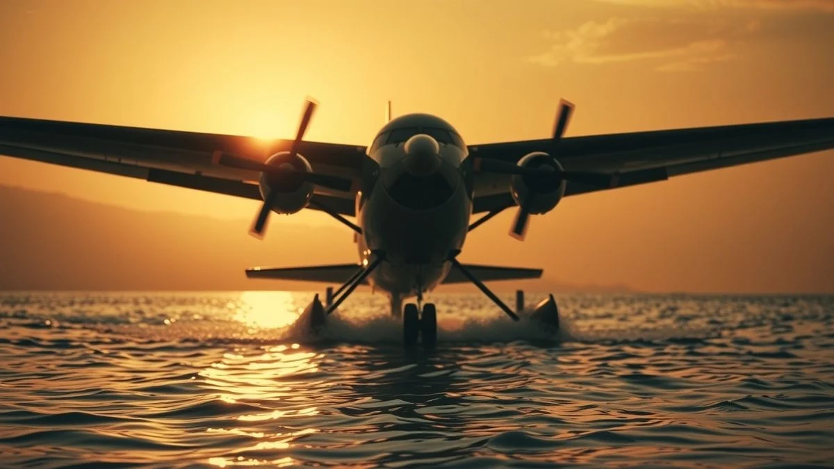 Imagen ilustrativa: fotografía antigua en sepia de un hidroavión sobre el agua al atardecer, con luz dramática y fondo desenfocado.