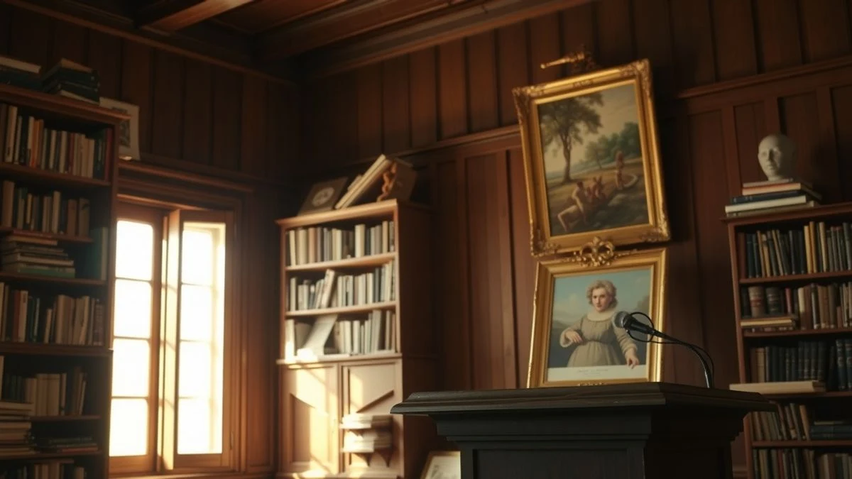 Imagen ilustrativa: sala con estanterías de libros y atril con micrófono, luz natural de ventana y un caballete con pintura al fondo.