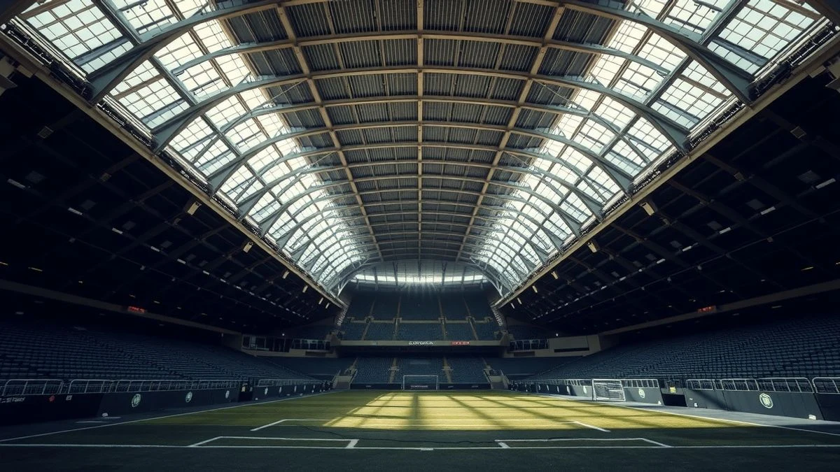 Túnel de un estadio de fútbol vacío con luz dramática