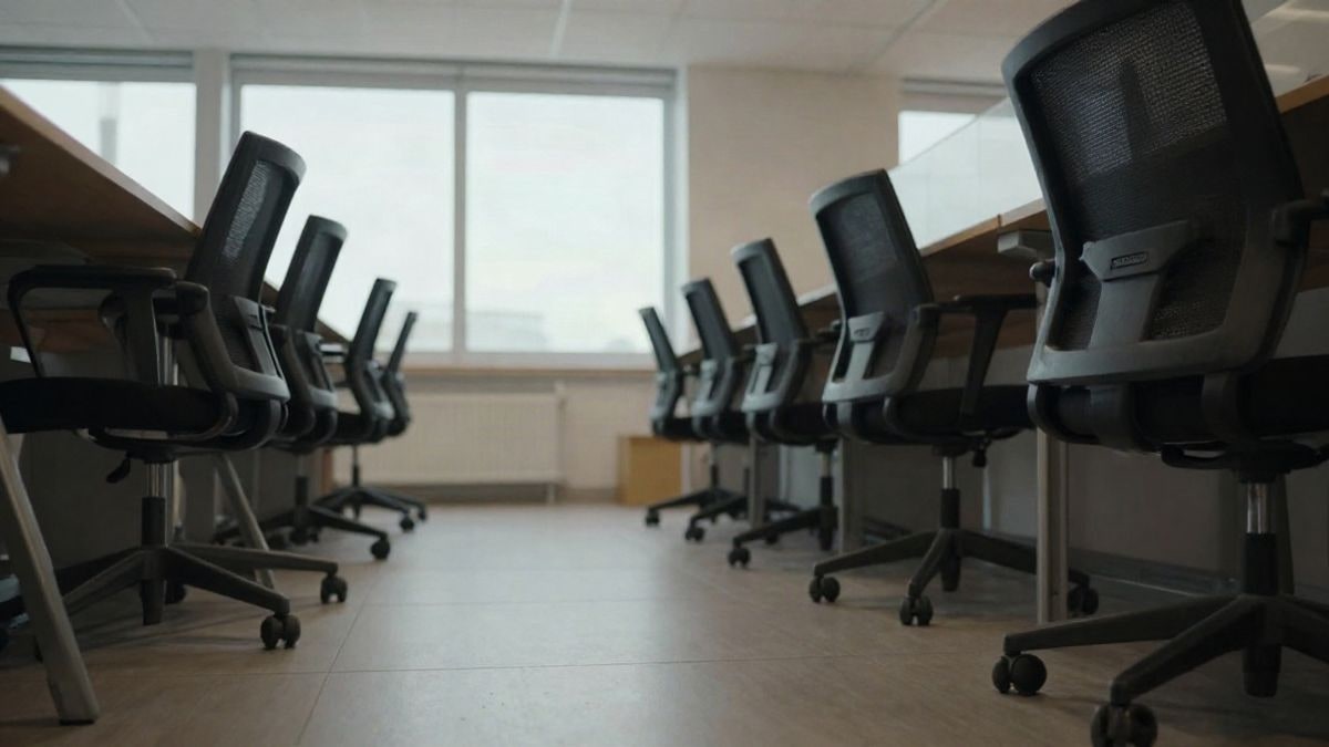Imagen ilustrativa: ángulo bajo de sillas y mesas vacías en un espacio de oficinas moderno con luz natural