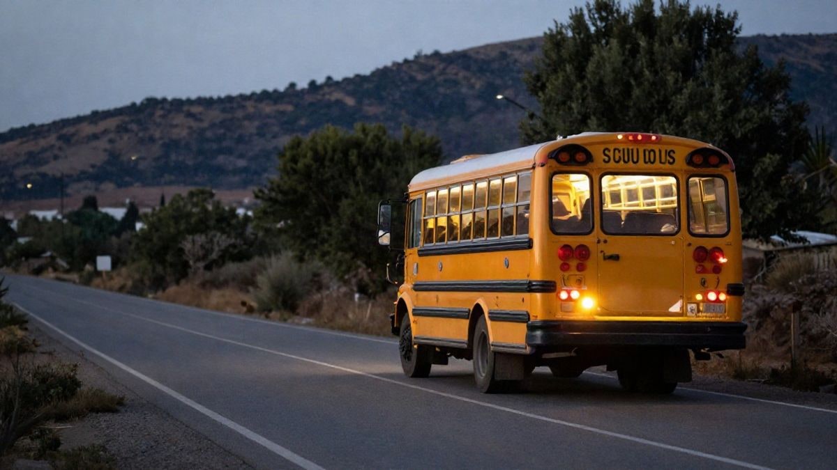 Imagen ilustrativa: un autobús escolar circula al atardecer por una carretera rural