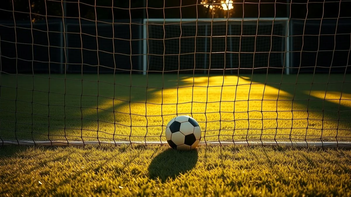 Imagen ilustrativa: una portería de fútbol con el balón dentro de la red, iluminada por la luz del atardecer.