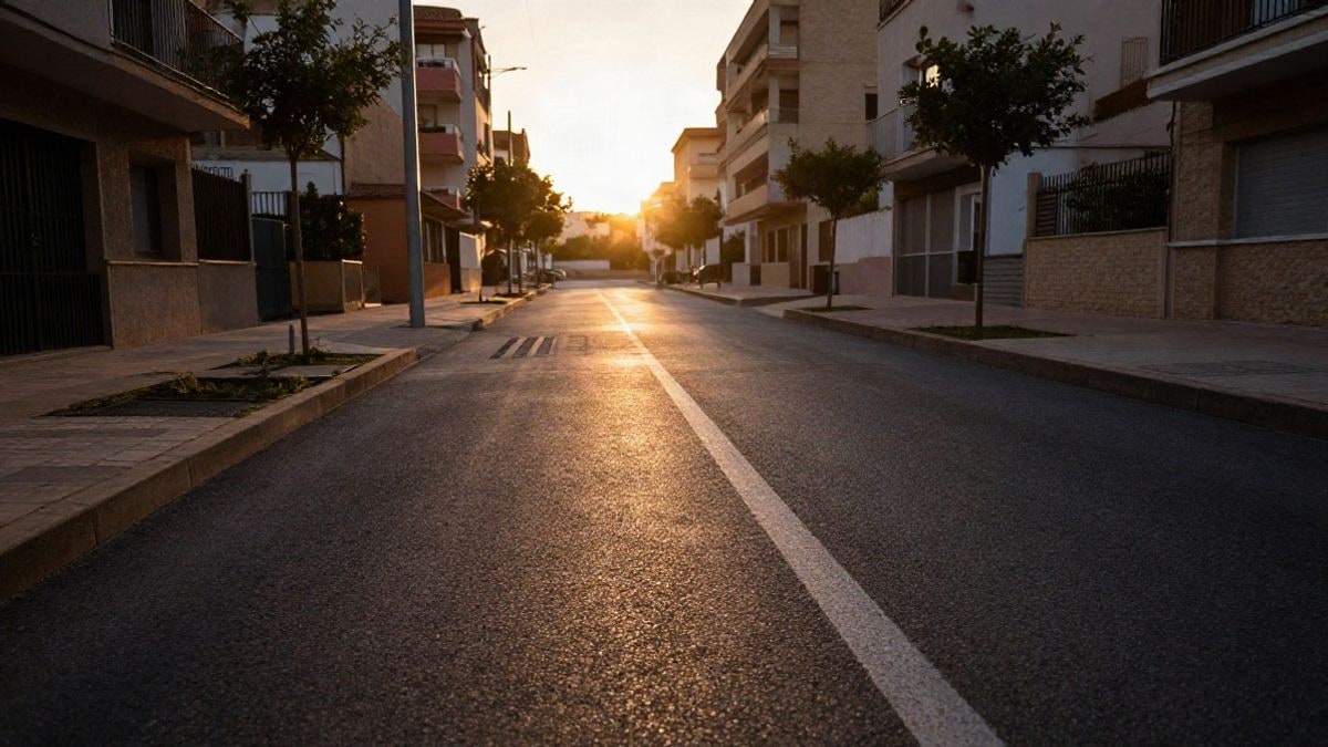 Imagen ilustrativa: calle residencial recién pavimentada con plazas de aparcamiento vacías y sombras largas al atardecer