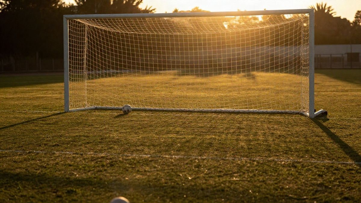 Imagen ilustrativa: portería de fútbol con la red a contraluz al atardecer y sombras largas sobre el césped