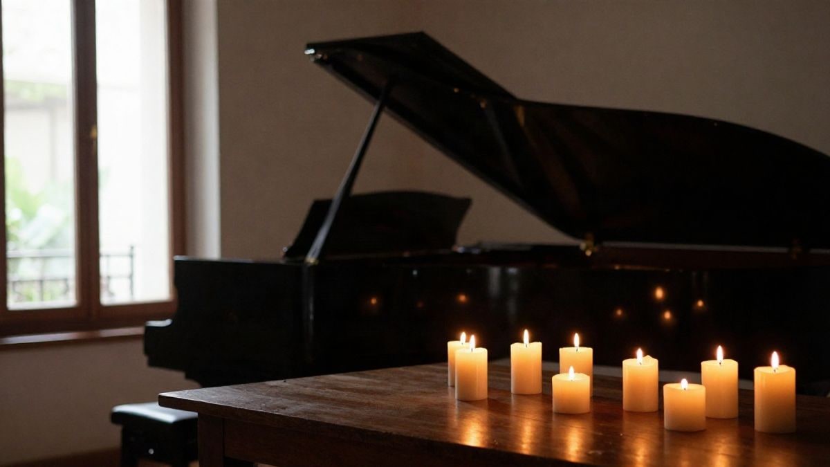 Imagen ilustrativa: piano de cola en penumbra junto a una fila de velas encendidas, iluminado por una ventana lateral