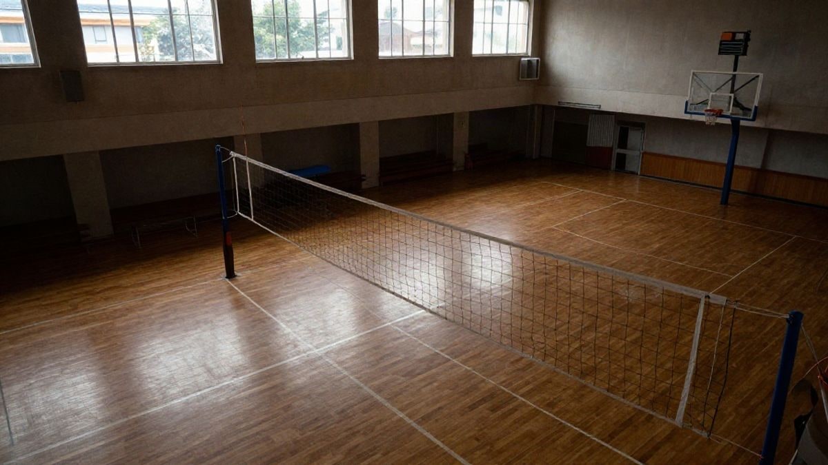 Imagen ilustrativa: vista cenital de un pabellón deportivo universitario con pista de madera y red de voleibol