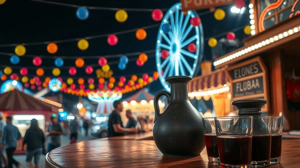 Imagen ilustrativa: una barra de feria de noche con jarras de barro y vasos de ponche, luces de colores al fondo